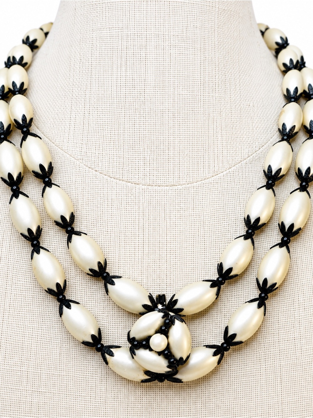 Vintage Double Strand Ivory Black Bead Necklace Removable Floral Brooch